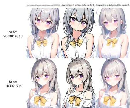 1girl,solo,long hair,looking at viewer,blush,bangs,simple background,white background,ribbon,hair between eyes,bare shoulders,closed mouth,purple eyes,collarbone,white shirt,upper body,ahoge,grey hair,open clothes,collared shirt,bowtie,off shoulder,sleeveless shirt,single braid,yellow bow,masterpiece,best quality,absurdres,   <lora:kohaku_delta_style_colorful_basemodel-000005:0>   