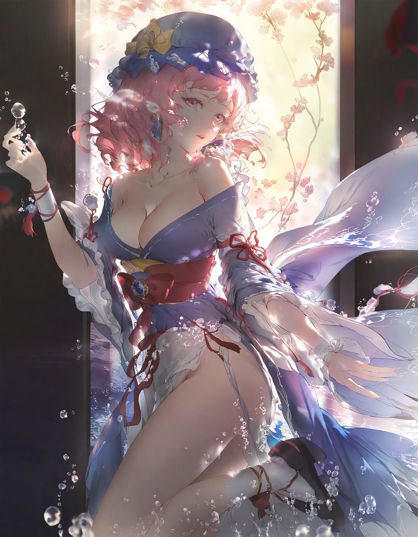 detailed, aesthetic, beautiful, beautiful color, amazing quality, best quality, 1girl, saigyouji yuyuko, pink hair, solo, mob cap, breasts, hat, japanese clothes, short hair, kimono, triangular headpiece, blue kimono, cleavage, bare shoulders, sash, hand fan, wide sleeves, off shoulder, pink eyes, blue headwear, water, earrings, jewelry, medium breasts, long sleeves, obi, looking at viewer, white socks, sandals, underwater, socks, ribbon, collarbone, parted lips, <lora:miv4t:1>, sunlight