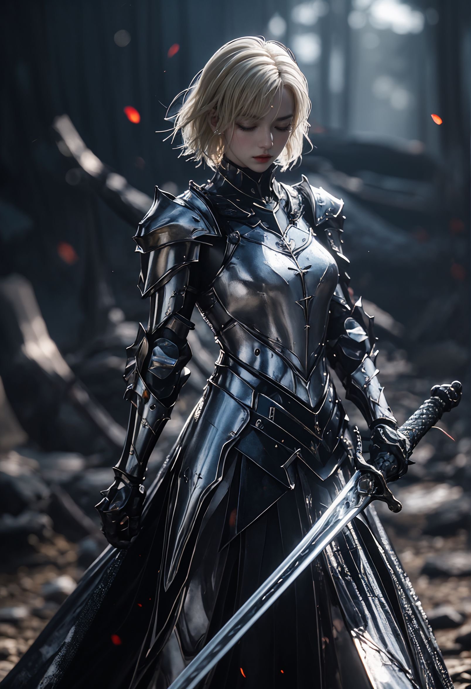 xuer plate armor,sword,solo,blonde hair,gauntlets,short hair,male focus,1boy,blurry,blurry background,planted sword,standing,closed eyes,1girl,photorealistic,extreme detail,lifelike,crisp,precise,detailed,metallic sheen,metallic,blend of organic and mechanical elements,futuristic,cybernetic,detailed,intricate,35mm photograph,film,bokeh,professional,4k,highly detailed,<lora:绪儿-王者之路 xuer plate armor:0.8>,