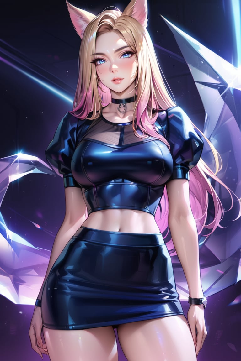 (Masterpiece), mature, HDR,UHD,8K, best quality, Highly detailed, physically-based rendering, extreme detail description, perfect skin, shiny skin, shiny hair,perfect face, 1girl, baddest, blonde hair, blue eyes, pink hair, crop top, high thighighs, multicolored hair, mini skirt, facial mark, animal ears, tail, choker,Ahri, black top, K/DA Ahri, long sleevs, black skirt ,LeagueOfLegendsAhri, long hair, puffy sleeves, crystal, black thighighs, juliet sleeves, whisker markings,ahri<lora:EMS-335737-EMS:0.600000>, <lora:EMS-388761-EMS:0.100000>, <lora:EMS-418641-EMS:0.800000>