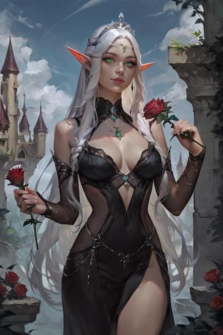 score_9, score_8_up, score_7_up, rating_safe, concept art, realistic, 1girl, solo, elf, pointy ears, breasts, long hair, very long hair, white hair, green eyes, portrait, looking at viewer, black dress, tiara, silver tiara, holding, holding flower, rose, red rose, necklace, jewelry, cowboy shot, standing, outdoors, castle <lora:Concept Art Eclipse Style LoRA_Pony XL v6:1>