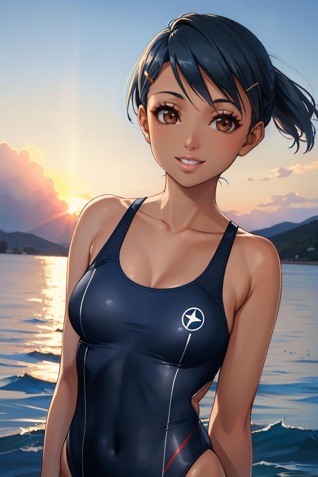 masterpiece, best quality, upper body, cowboy shot, smile <lora:zs_Yuko:1> yukop3, short hair, hairclip, dark skin, brown eyes, black hair, blue swimsuit