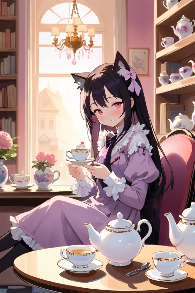 Illustration of Homura Akemi from Madoka Magica enjoying a delightful afternoon tea at a charming café. Dressed in her iconic magical girl outfit, Homura gracefully holds a porcelain teacup, delicately sipping the steaming aromatic tea. The table is adorned with a lovely floral tea set, featuring elegant teapots and dainty teacups, as well as an array of delectable pastries and finger sandwiches. Sunlight filters through the window, casting a warm glow on the scene, while a plush cat rests lazily on a nearby cushion. In the background, amidst shelves lined with books and vintage teacups, an elegant chandelier lends a touch of timeless charm to the cozy ambiance.