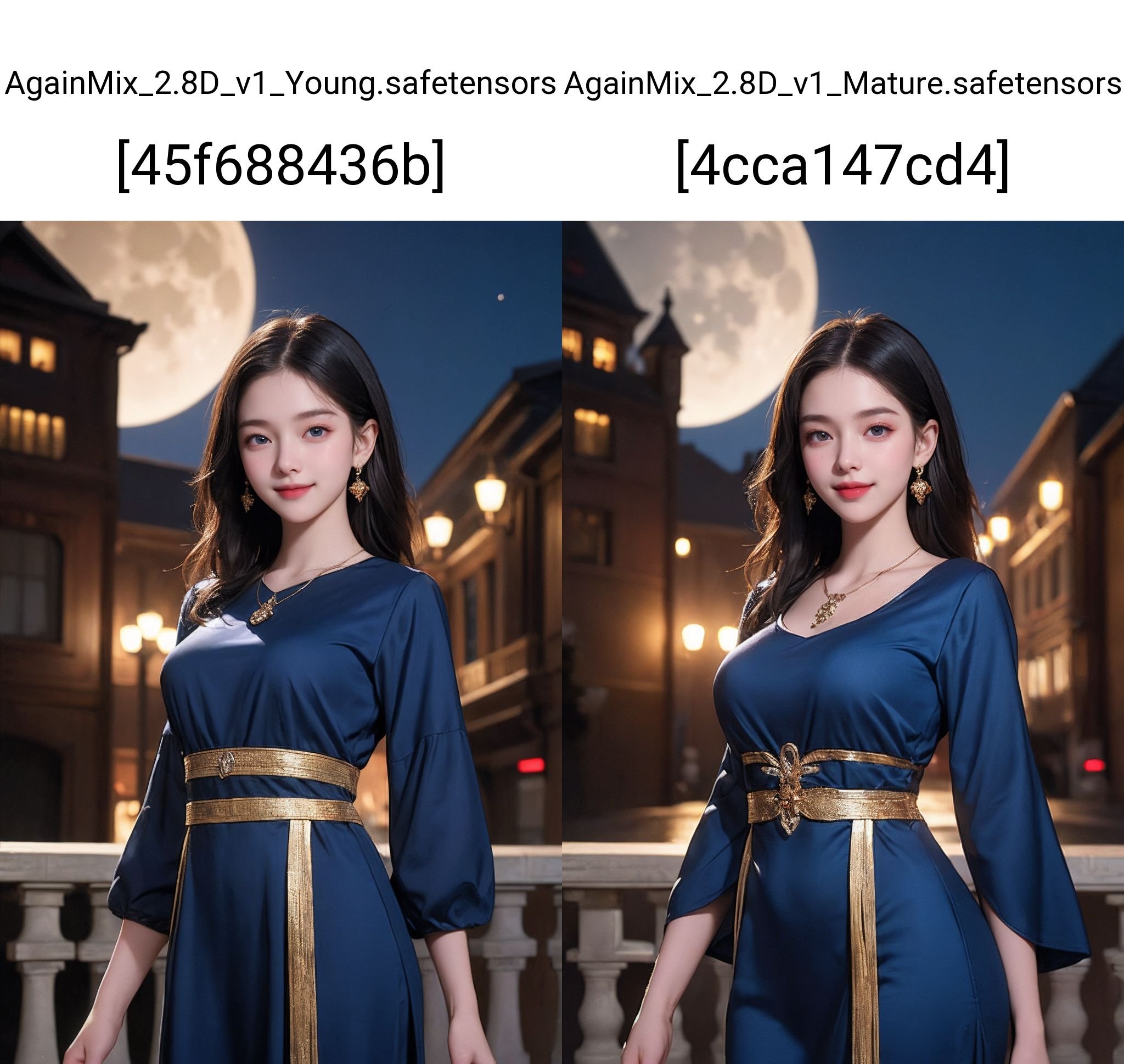 (1girl:2),(8k, best quality,high quality clothes,masterpiece:1.2),rich facial texture,1girl,black_hair,(dingdall effect),(smile:1.1),elegant,blue clothes,exquisite eyes,beautiful pendant,evening,full moon,wide shot,arms at sides