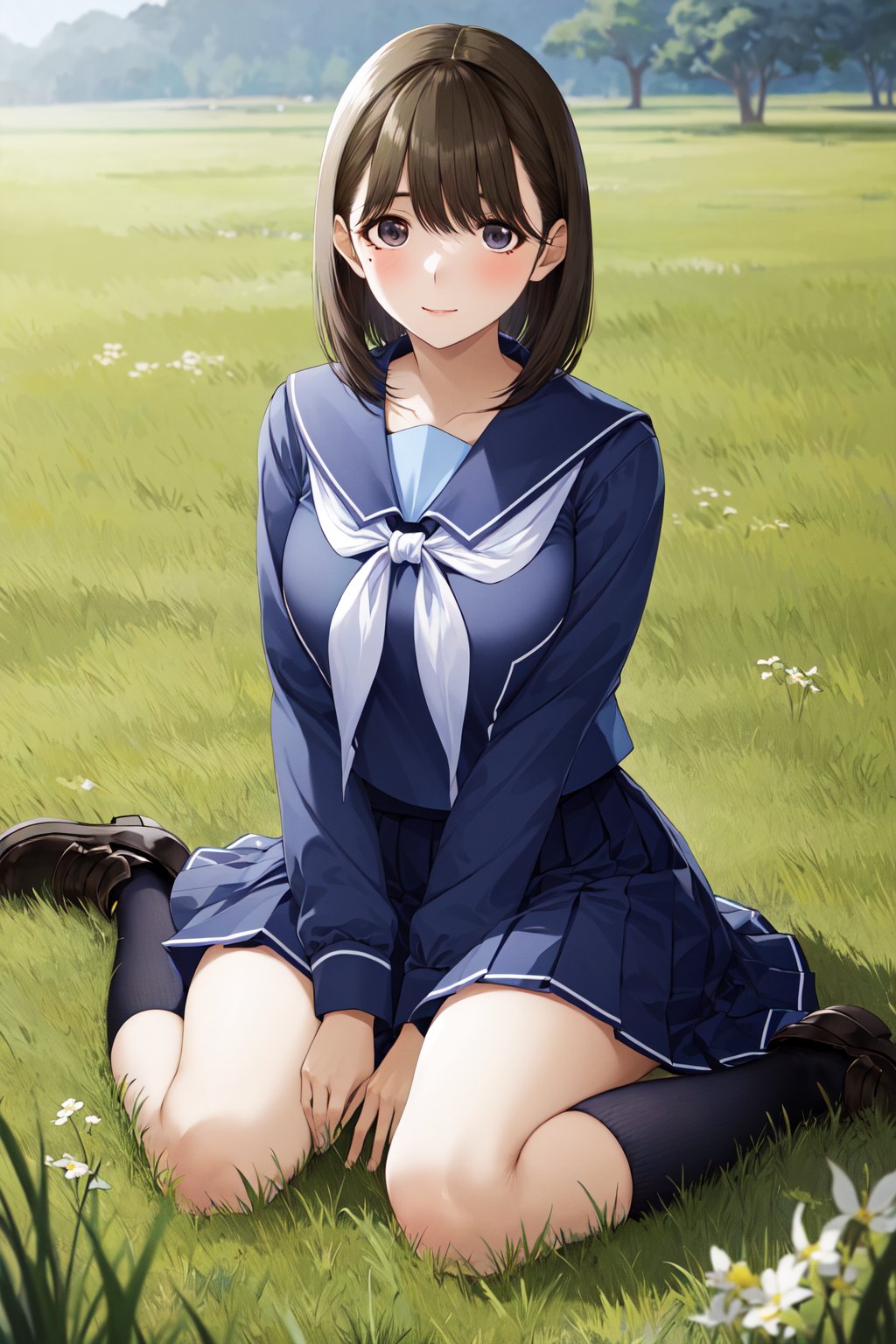 masterpiece, best quality, highres, aanene, short hair, blue serafuku, blue shirt, long sleeves, blue sailor collar, white neckerchief, pleated skirt, blue skirt, <lora:anegasaki_nene_v1:0.7>, wariza, grass, field, 