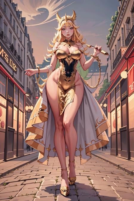 (masterpiece), (best_quality), (ultra-detailed), (illustration), (welcoming), 1girl, (summer healer ra:1.3), (in bustling Paris:1.3), (full body:1.4), gold hair, bombshell hair,pointy hair, [:seductive, formal costume design:0.2], , medium breasts, wide hips, narrow waist, athletic slim toned hourglass figure,(muscular legs:0.25), skindentation, (evening gown:1.2), chinese, official art, vivid color, finely detailed, hyper detailed, 8k, high resolution illustration, absurdres, intricate detail<lora:EnvyThiccMix01:1.2>