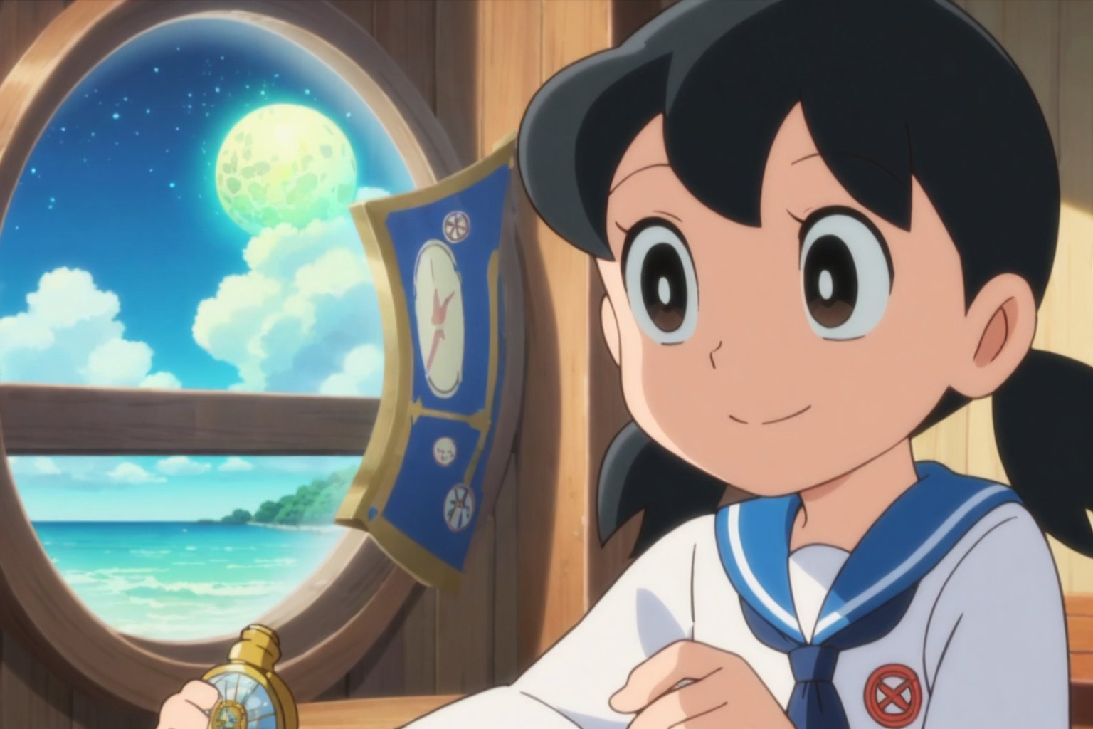 score_9, score_8_up, score_7_up, score_6_up, score_5_up, score_4_up, source_anime,minamoto shizuka, smile, 1girl, solo, low twintails, Teenage girl navigator studying ancient maps in a grand ship's cabin, surrounded by nautical instruments, glowing globe, and exotic artifacts, warm candlelight, tall windows showing a starry night sky and phosphorescent sea, sense of adventure and discovery, child,masterpiece, perfect face, best quality, beautiful eyes, shiny eyes, anime coloring, anime screencap, absurdres, award winning,masterpiece, perfect face, best quality, beautiful girl, cute girl, beautiful eyes, shiny eyes, anime coloring, anime screencap, absurdres, award winning, <lora:minamoto shizuka hask 912:0.8>