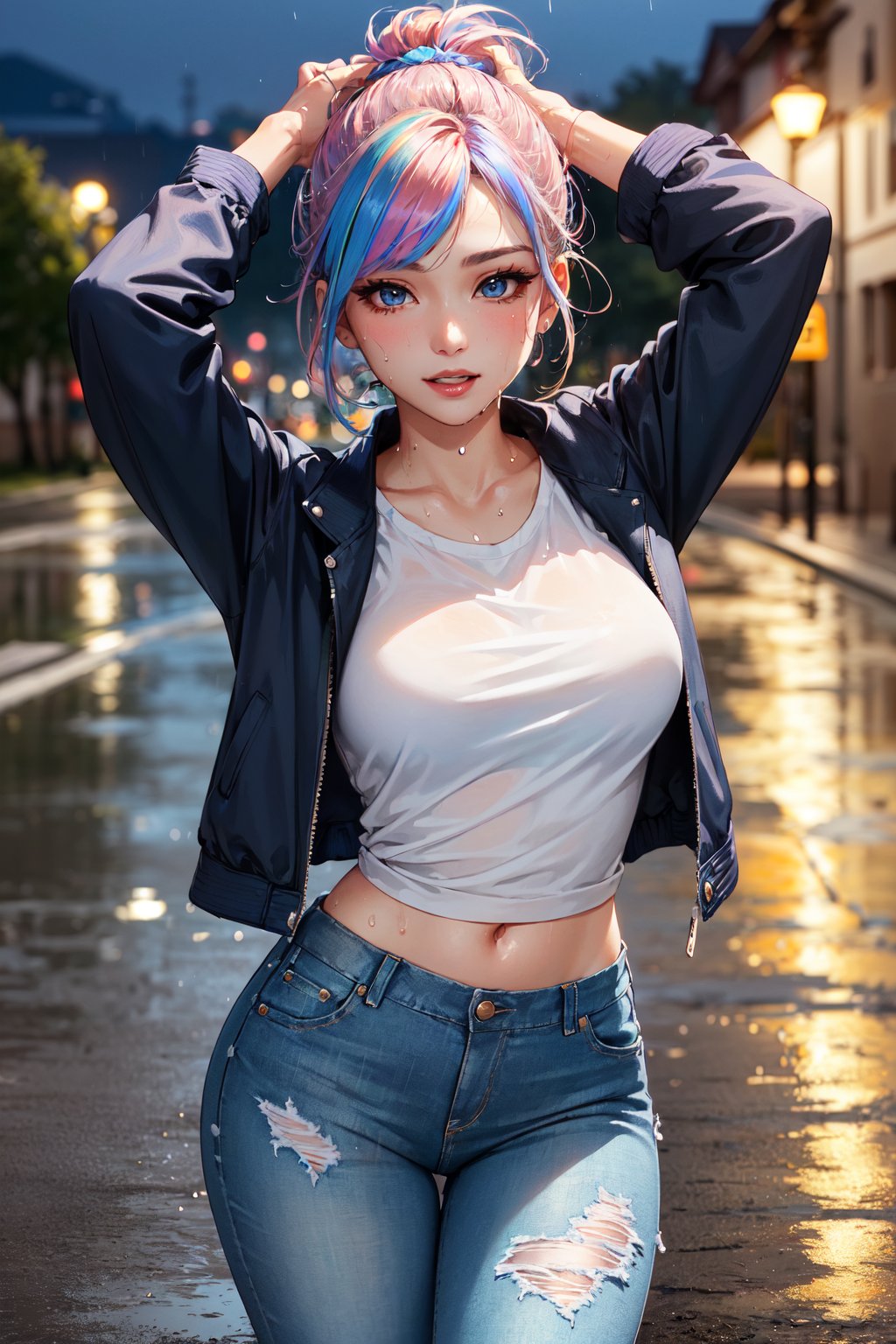 (masterpiece, best quality, hires, high resolution:1.2), (beautiful, aesthetic, perfect, delicate, intricate:1.2), (cute, adorable), (depth of field:1.2), (1girl, solo), (a sexy mature woman walking at a park), (eyeshadow, eyeliner, glossy lips), (natural breasts), (rainbow hair:1.4), (tied hair, ponytail), striking blue eyes, bright smile, (arms up), (cropped jacket:1.4), white t-shirt, (ripped jeans pants), (glossy skin, shiny skin, sweaty, sweat drop), (at night), (after raining), wet floor, (cowboy shot:1.4),