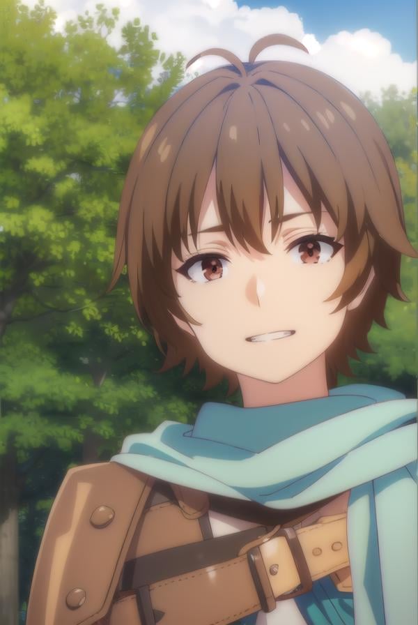 keyaru, <lora:keyaru s1-lora-nochekaiser:1>,keyaru, short hair, (brown eyes:1.5), brown hair, male focus, smile, grin,BREAK cape, armor,BREAK outdoors, forest, nature, grass, trees, sun, sky, clouds,BREAK looking at viewer, (cowboy shot:1.5),BREAK <lyco:GoodHands-beta2:1>, (masterpiece:1.2), best quality, high resolution, unity 8k wallpaper, (illustration:0.8), (beautiful detailed eyes:1.6), extremely detailed face, perfect lighting, extremely detailed CG, (perfect hands, perfect anatomy),