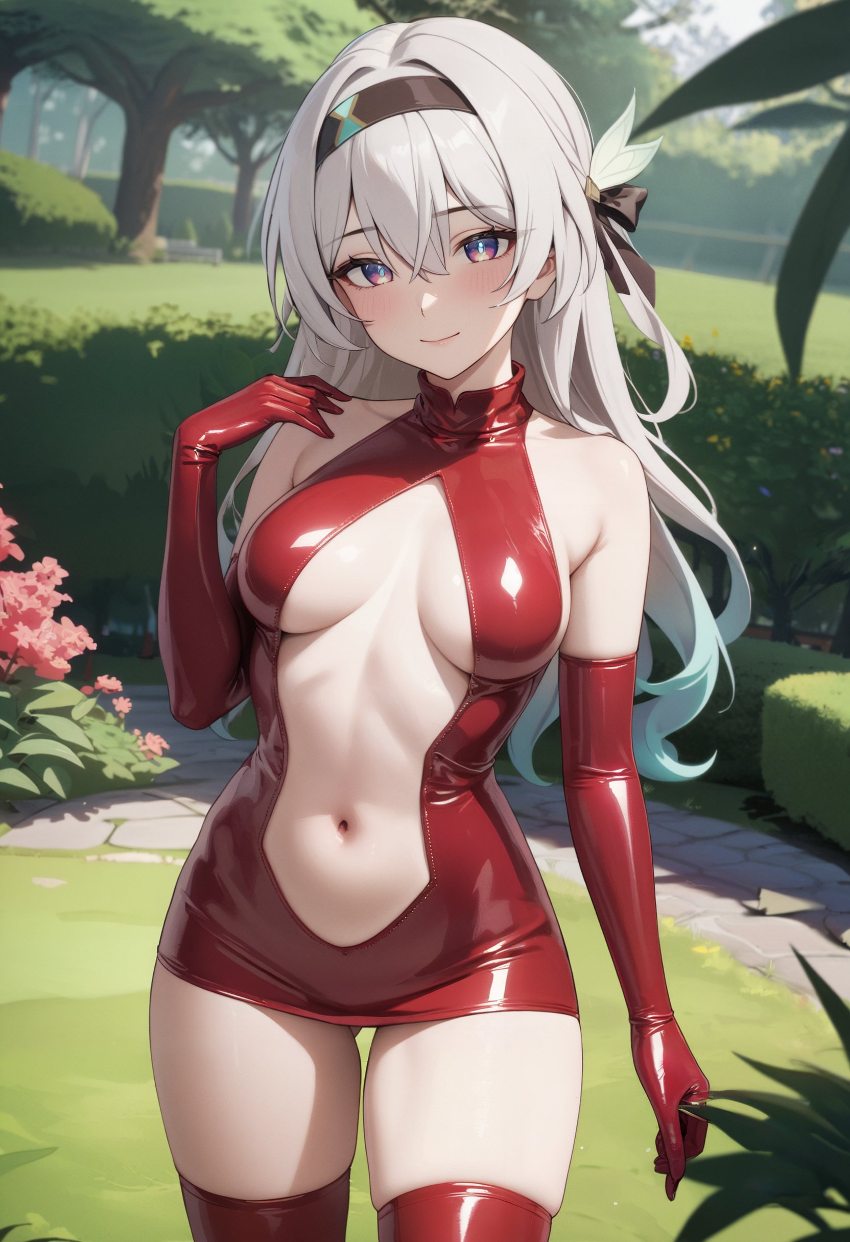 1girl, solo, masterpiece, best quality, very aesthetic, absurdres, firefly \(honkai: star rail\), hairband,red latex princess, thighhighs, elbow gloves, breasts apart, medium breasts, red latex skirt,standing, cowboy shot, garden, grass, tree,  <lora:latex-princess-ot6-ani-1300:0.8> <lora:Char-HonkaiSR-Firefly-XL-V1:0.6>