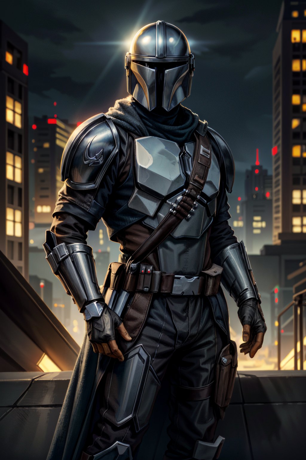 ((ultra detailed, masterpiece, absurdres)) <lora:StarWMandalorian:0.9>StarWMandalorian, 1boy, no face, helmet, gloves, Glowing Cityscape with City Lights in the Background