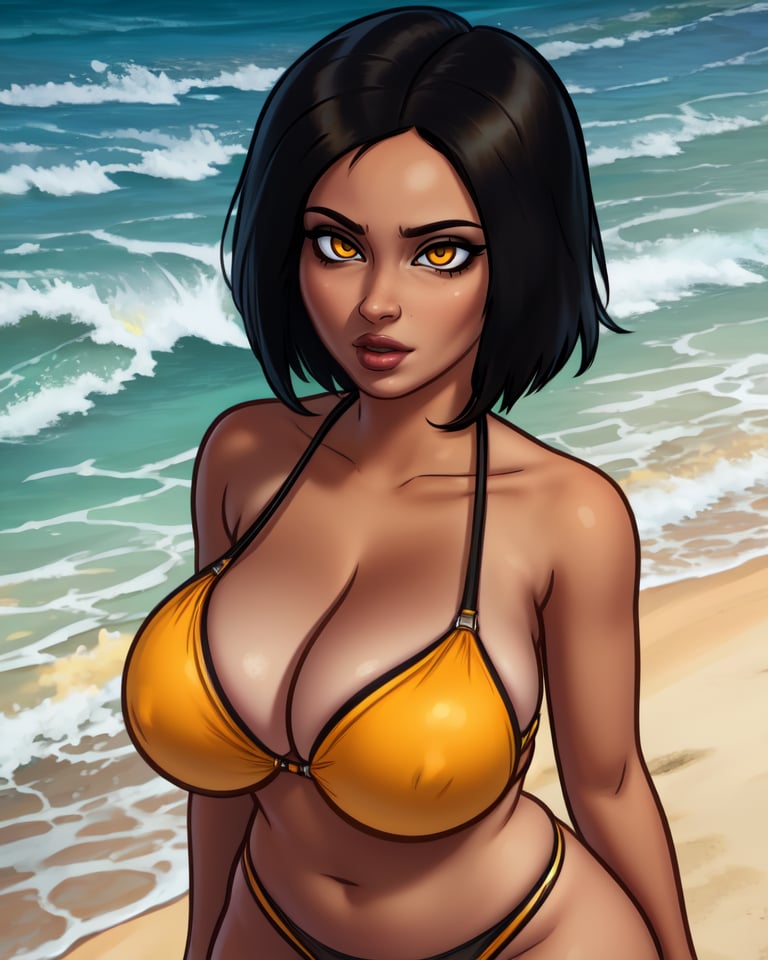 1girl,yellow eyes,black hair,short hair,dark skin,wide hips,navel,large breasts,cleavage,orange bikini,beach,standing,(insanely detailed, beautiful detailed face, masterpiece, best quality) solo,<lora:DarkCookie:0.8>,