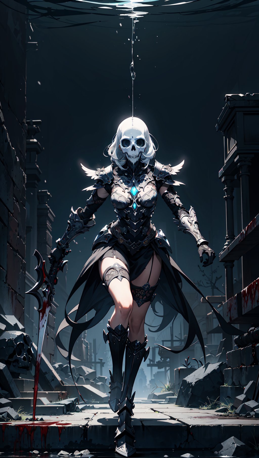 Full body shot,(photorealistic, realistic),masterpiece,absurdres,highres,high quality,ultra detailed,beautiful and aesthetic,horror (theme),1 woman,dynamic pose,shiny skin,lovely face,(holding weapon),enchanted armor,ancient,intricate details,expressive drips,(energetic movement),(sense of depth),glowing aura,in the depths of a gloomy dungeon,illuminated by divine light,(perfect lighting),(mysterious scenery),magical lighting,skull,blood,blood splatter,