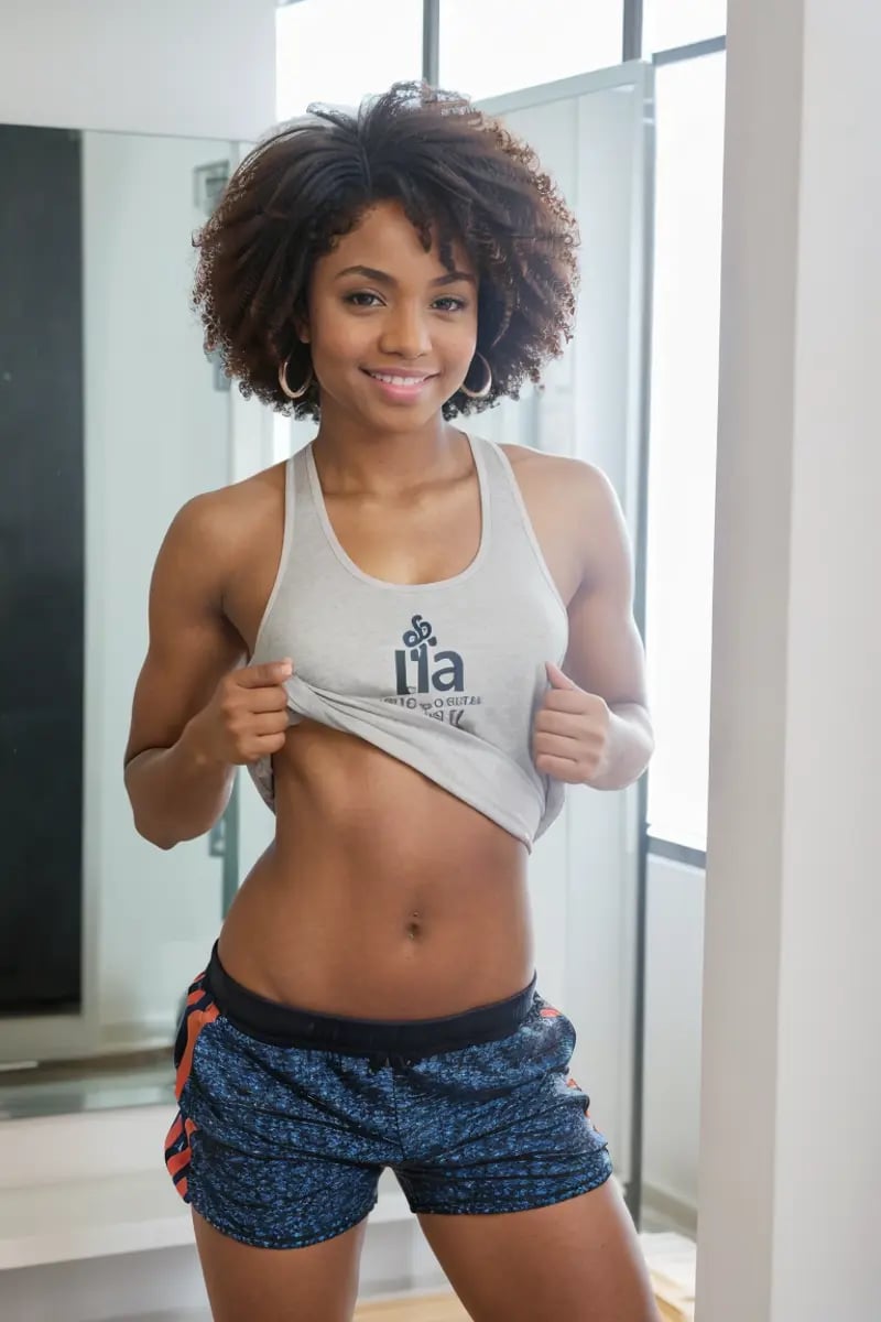 beautiful young afro-american woman, flashing belly, standing in front of gym mirror, side view,wearing tank top, lifting top, gym shorts, detailed belly, well-trained belly, navel, detailed skin, (linea alba:1.2), (ab cracks:1.2),<lora:Flashing Belly:0.8> <lora:skin_slider_v2_1_FACE:0.6>