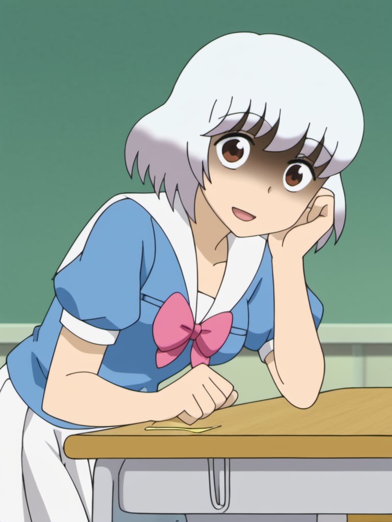 score_9, rating questionable, source_anime, best quality, masterpiece:1.2, BREAK 1girl, simple background, (small perfect round breasts), anime screencap, <lora:RumiYokoi_PDXLv1a-000007:0.8> rumiyokoi, white hair, brown eyes, school uniform, medium breast, looking at viewer, smile, school desk, white skirt, sexy pose, surprised, shaded face