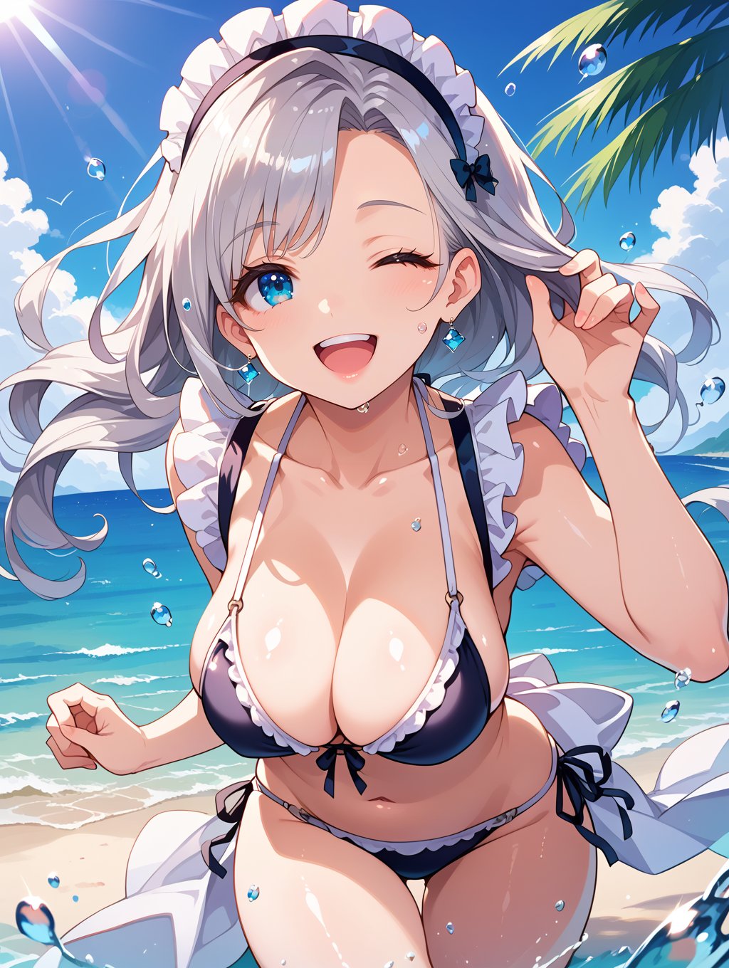 score_9, score_8_up, score_7_up,source_anime,1girl, solo, lihua,silver hair, blue eyes, mature female, bikini, maid bikini, one eye closed, upper teeth only, happy, by beach, sunlight, water drop, shiny skin,