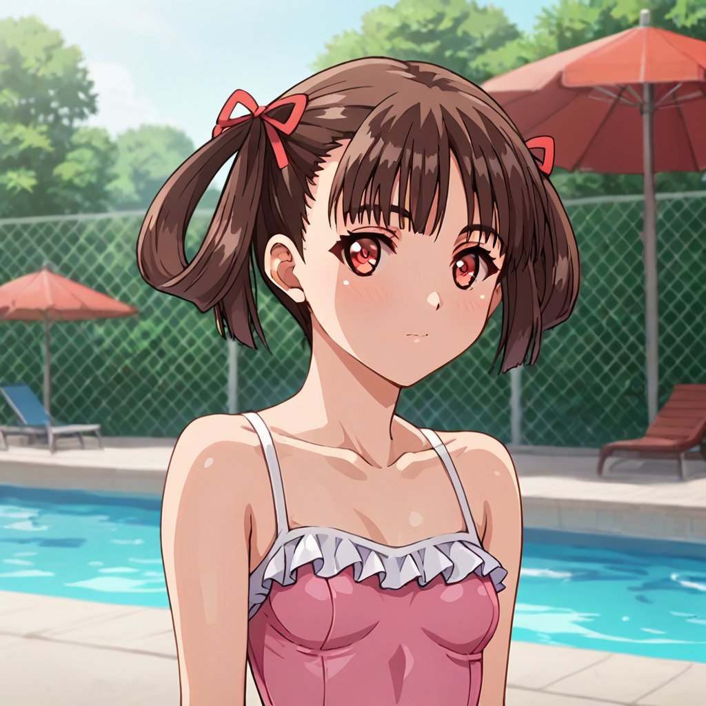 score_9, score_8_up, score_7_up, score_6_up, score_5_up, score_4_up, source_anime,soratani natsuki,1girl, pool, one-piece swimsuit, solo, swimsuit, brown hair, outdoors, breasts, small breasts, pink one-piece swimsuit, collarbone, looking at viewer, frilled one-piece swimsuit, frills, upper body, fence, ribbon, red eyes, hair ribbon, day, chain-link fence, red ribbon, casual one-piece swimsuit, closed mouth, umbrella, blush, short hair, poolside, twintails, water, bare shoulders, hair rings,masterpiece, perfect face, best quality, beautiful girl, cute girl, beautiful eyes, shiny eyes, anime coloring, anime screencap, absurdres, award winning,<lora:soratani natsuki nova:0.7>