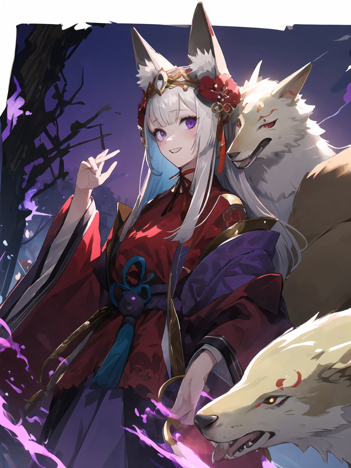 masterpiece,best quality,highres,cinematic lighting,dramatic angle,1girl,<lora:ShadowverseGinsetsuV3-1-000014:0.8:lbw=jiangshi3>, white hair,long hair,animal ears,hair ornament,purple eyes,red dress,japanese clothes,purple skirt,clothing cutout,wide sleeves,hakama,looking at viewer,:d,(paw pose:0.85),portrait,night,moonlight,black clouds,purple flames,glowing eyes,horror \(theme\),mask,fox,<lora:flat2:-0.25> 