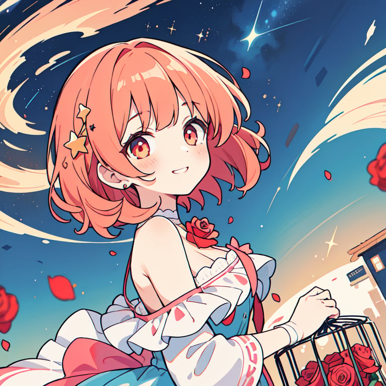 1girl,(hime cut,asymmetric bangs,messy hair,(red pink orange hair, )),pink glowing eyes,smile,short hair,blue sky,<lora:standingFullBodyWithBackgroundStyle_v10Offset（立绘法:1>,blue inside hair,white off shoulder dress,((rose)), (vine), cage, bandage, red rope, (detail light), falling rose petals,(starry tornado:1.4), starry Nebula, beautiful detailed sky,, fcportrait, masterpiece, best quality,