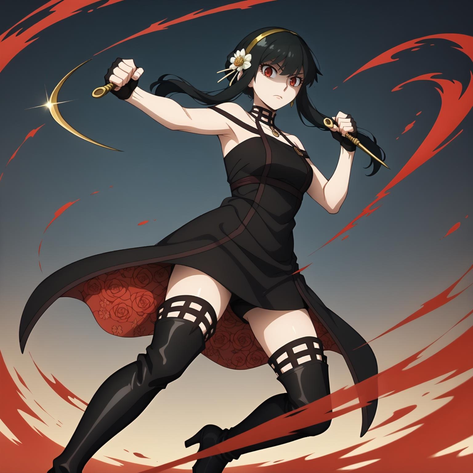 <lora:YorForgerXLpony004>,looking at viewer,solo,YorForger,1girl,black hair,red eyes,short hair with long locks,gold hairband,hair flower,black choker,black dress,sleeveless,off shoulder,floral_print,fingerless gloves,black footwear,(thigh high heel boots:1.2),fighting_stance,holding dagger,shaded_face,from below,night,