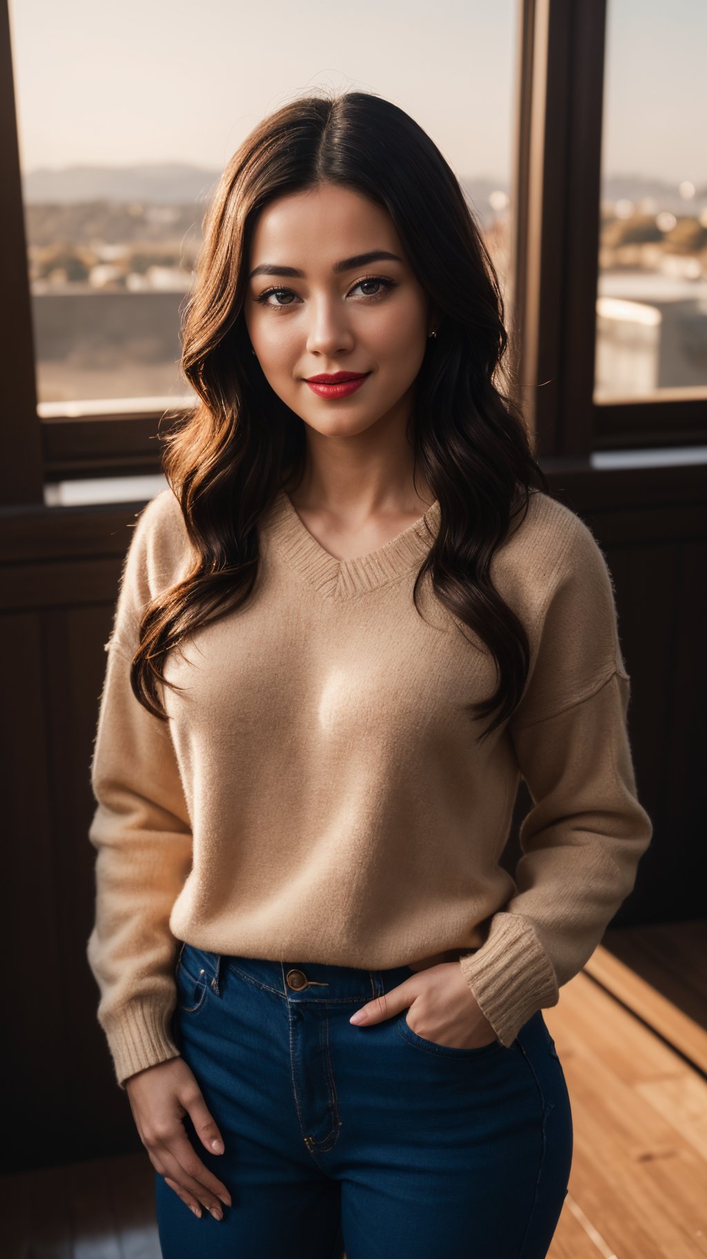 photo of beautiful (All1s0nM4ck_HM-135:0.99), a woman, perfect hair, smiling, (modern photo), wearing long sleeve sweater, long pants, portrait, 85mm, (analog, cinematic, film grain:1.3), (__advancedWildcardsScienceFictionKit_v10/advanced-science-fiction-locations__), detailed eyes, professional pose, painted lips, (epiCPhoto), (looking at viewer:1.1), (cinematic shot:1.3), (natural lighting, lit from above),, (masterpiece:1.3, realistic:1.3), best quality, ultra detailed, intricate, professional photography, HDR, High Dynamic Range, (8k UHD), RAW photo, dslr, realistic LUT, cinematic LUT, perfect lighting, professional lighting, cinematic lighting, cinematic shadows, iridescent lighting,