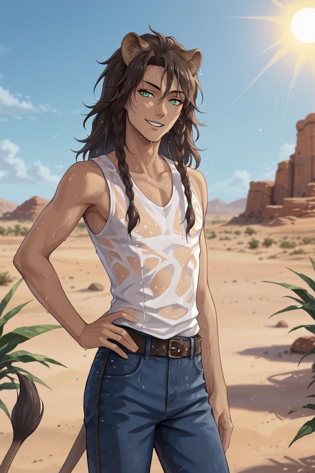 score_9, score_8_up, score_7_up, source_anime, BREAK, 1boy, bishounen, dark skin, dark brown hair, twin braids, long hair, lion ears, green eyes, (perfect eyes:1.2), (skinny), white tanktop, blue jeans, sweat, wet, detailed eyelashes, broad shouldered, seductive smile,BREAK, (three quarter view:1.4), outdoors, desert, savannah, sun, day, hand on hip, leaning, boy, leona_kingscholar<lora:EMS-342536-EMS:1.000000>, <lora:EMS-18850-EMS:0.800000>, <lora:EMS-361072-EMS:0.800000>