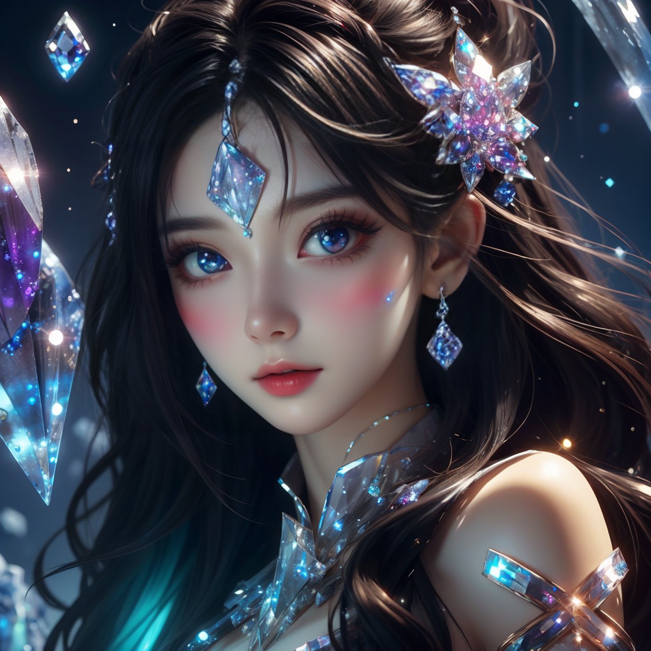 masterpiece, best quality, masterpiece,best quality,official art,extremely detailed CG unity 16k wallpaper,masterpiece, ((1girl)),(science fiction:1.1), (ultra-detailed crystallization:1.5), (crystallizing girl:1.5), kaleidoscope, ((iridescent:1.5) long hair), (glittering silver eyes), sitting, surrounded by colorful crystals, blue skin, (skin fusion with crystal:1.8), looking up, face focus, simple dress, transparent crystals, flat dark background, lens flare, prism,