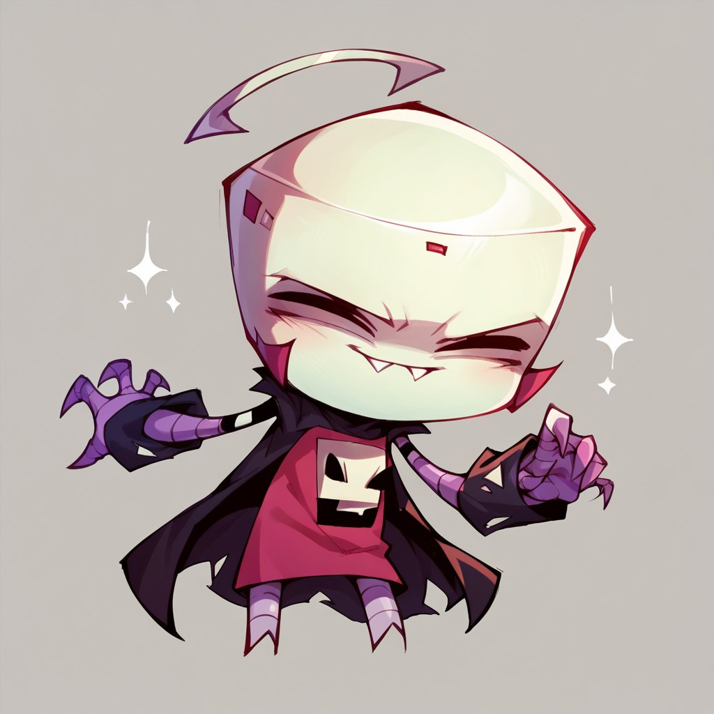 score_9, score_8_up, score_7_up, score_6_up,  <lora:z1mXLP:1> (z1m), (invader zim:0.8), solo, cel shading, cute robot, 1boy, bald, costume