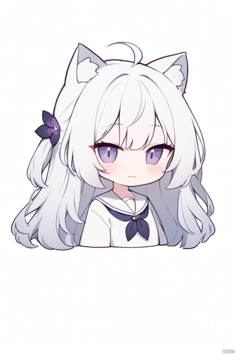 chibi,cleavage, (cat ears), half-closed eyes, school uniform, 1girl, solo, looking at viewer, flower, long hair, bangs, closed mouth, simple background, white background, upper body, white hair, hair intakes, purple eyes, expressionless, eyelashes, best quality, smile, White cat ears<lora:EMS-468386-EMS:0.800000>