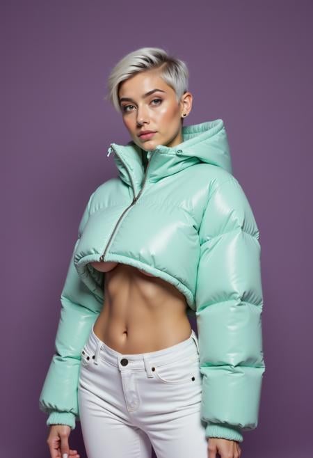 a headshot of a calm looking woman with a pixie cut and silver. She wears a mint-colored puffer jacket that reveals her underboobs and she also wears white jeans. She is standing with one foot forward and her arms loosely by her sides against a solid plum background even lit. Underboob style. <lora:underboobs_flux_v1:1.1>