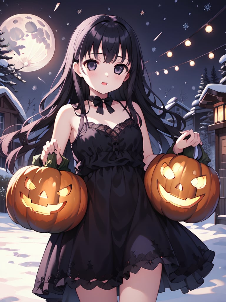 <lora:Tsutsumi_Kinuka:0.8>, TsutsumiKinuka, 1girl, solo, long hair, long hair, bangs, black hair, black eyes, town, outdoor, snow,halloween, looking at viewer, pumpkin, moon, star (symbol), purple dress, sleeveless dress, cowboy shot, masterpiece, high quality, very_high_resolution, large_filesize, full color,