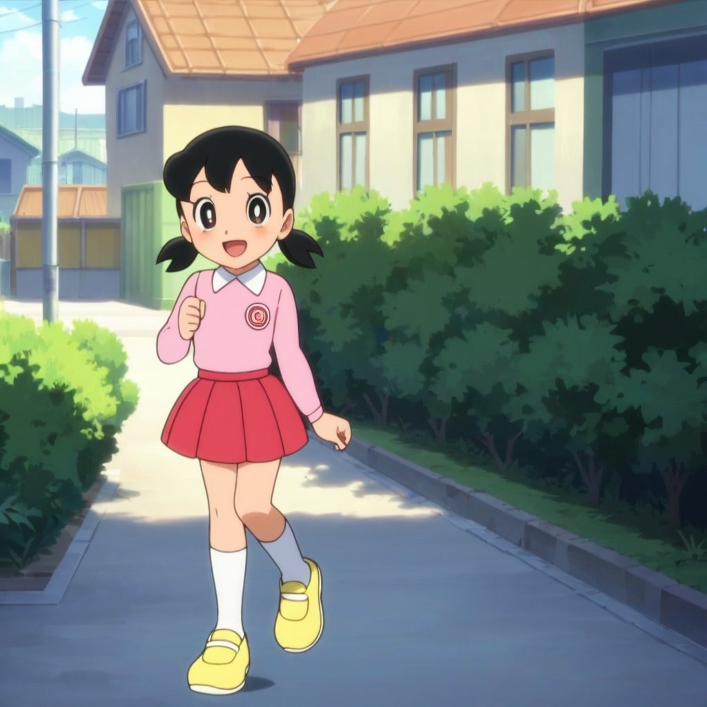 score_9, score_8_up, score_7_up, score_6_up, score_5_up, score_4_up, source_anime,minamoto shizuka,1girl, solo, skirt, outdoors, black hair, socks, white socks, twintails, red skirt, shoes, smile, shirt, open mouth, black eyes, pink shirt, looking at viewer, short twintails, kneehighs, collared shirt, long sleeves, :d, day, bright pupils, white pupils, house, low twintails, short hair, running, yellow footwear, blush, child, loli, masterpiece, perfect face, best quality, beautiful eyes, shiny eyes, anime coloring, anime screencap, absurdres, outdoors,  <lora:minamoto shizuka hask 912:0.8>