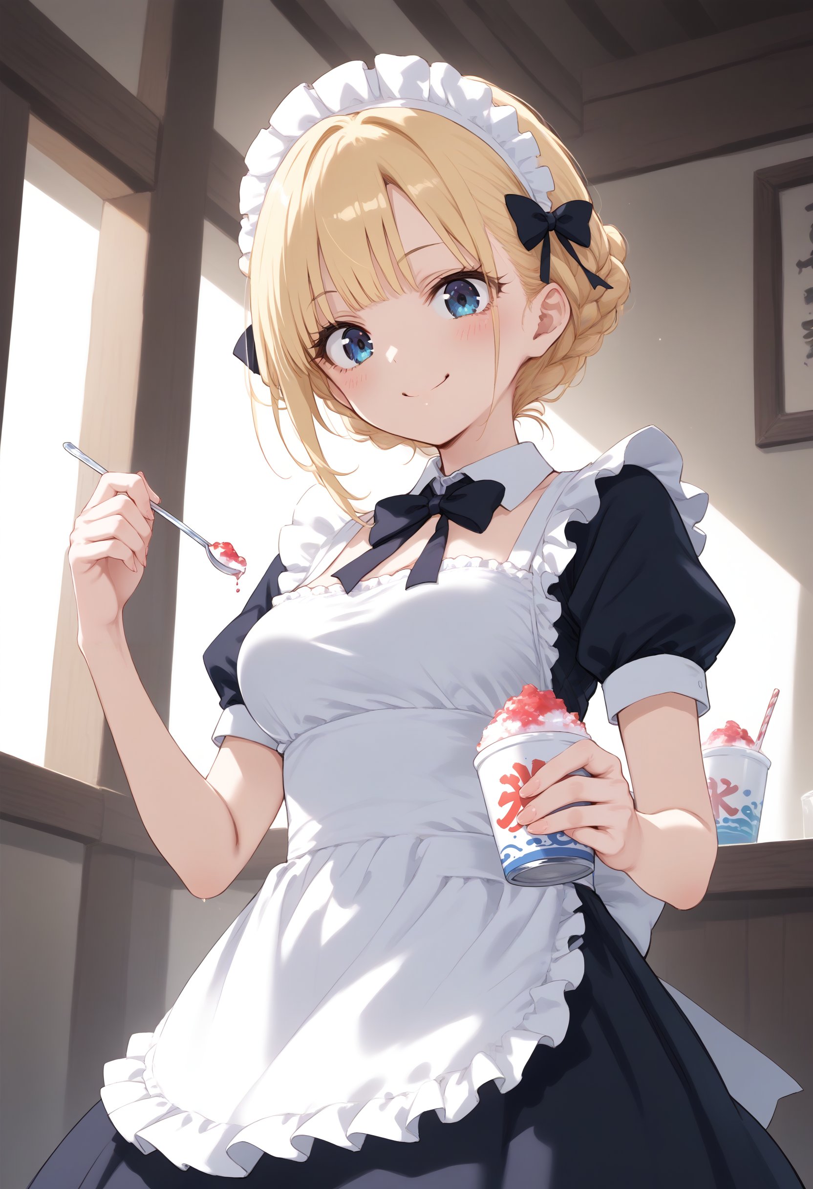 score_9, score_8_up, score_7_up, source_anime,1girl,solo,medium breasts, maid, maid headdress,shaved ice,<lora:shavedice_Pony_v1:0.8>holding drinking straw, spoon straw, eating,from below, feet out of frame, looking down, blonde hair, black eyes,crazy smile, novitiate, closed mouth, bow-shaped hair,,