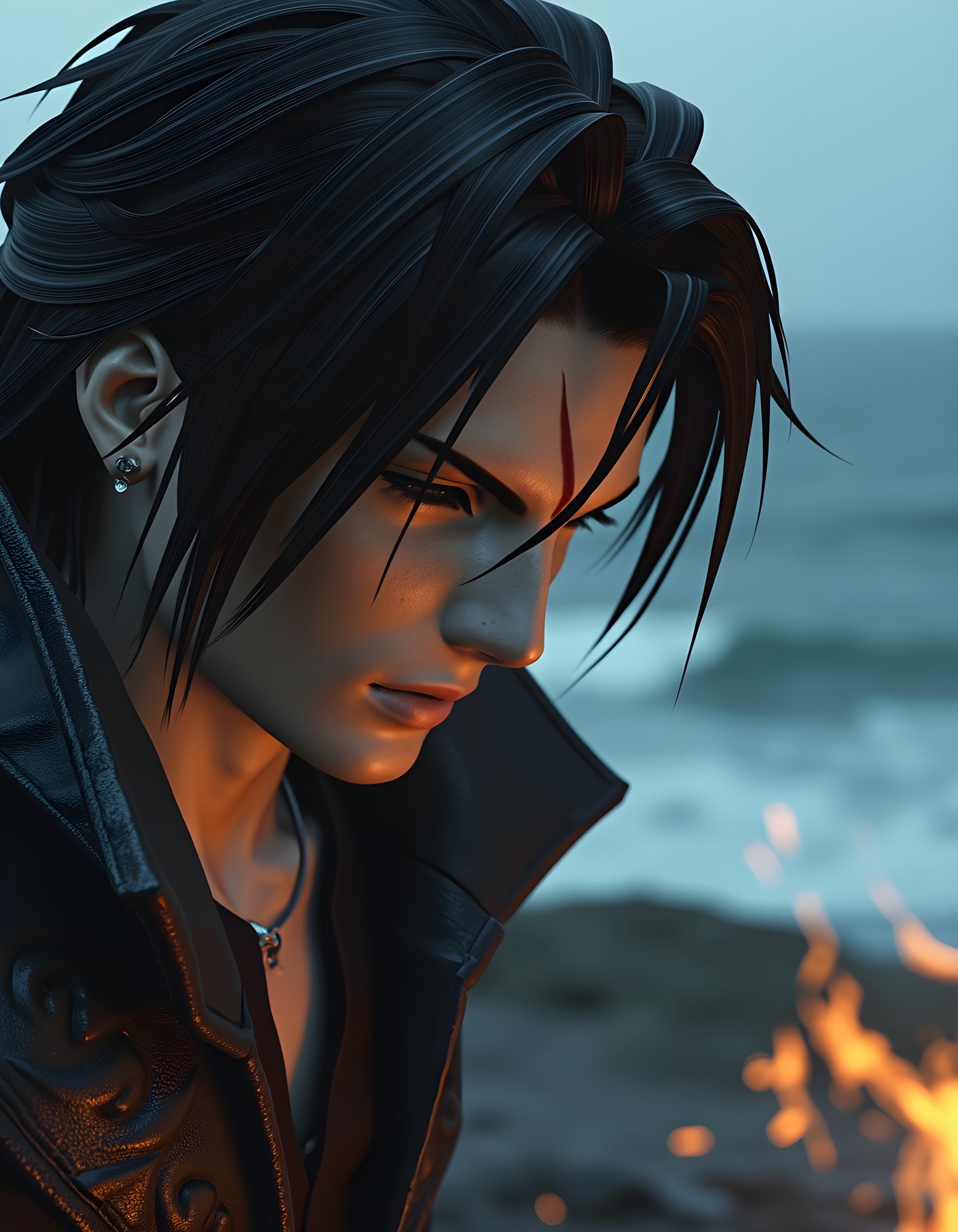 ff8_style, A close-up portrait, framed in a letterboxed composition, captures the intense gaze of a ruggedly handsome man with black hair, his eyes closed and scarred cheekbone subtly illuminated by a single shaft of light from a nearby bonfire. Set against the backdrop of a stormy seaside cliff, he wears an intricate leather outfit reminiscent of Final Fantasy VIII's Squall Leonhart, his posture exuding an air of melancholy and quiet determination, as if lost in thought amidst the howling wind and crashing waves.