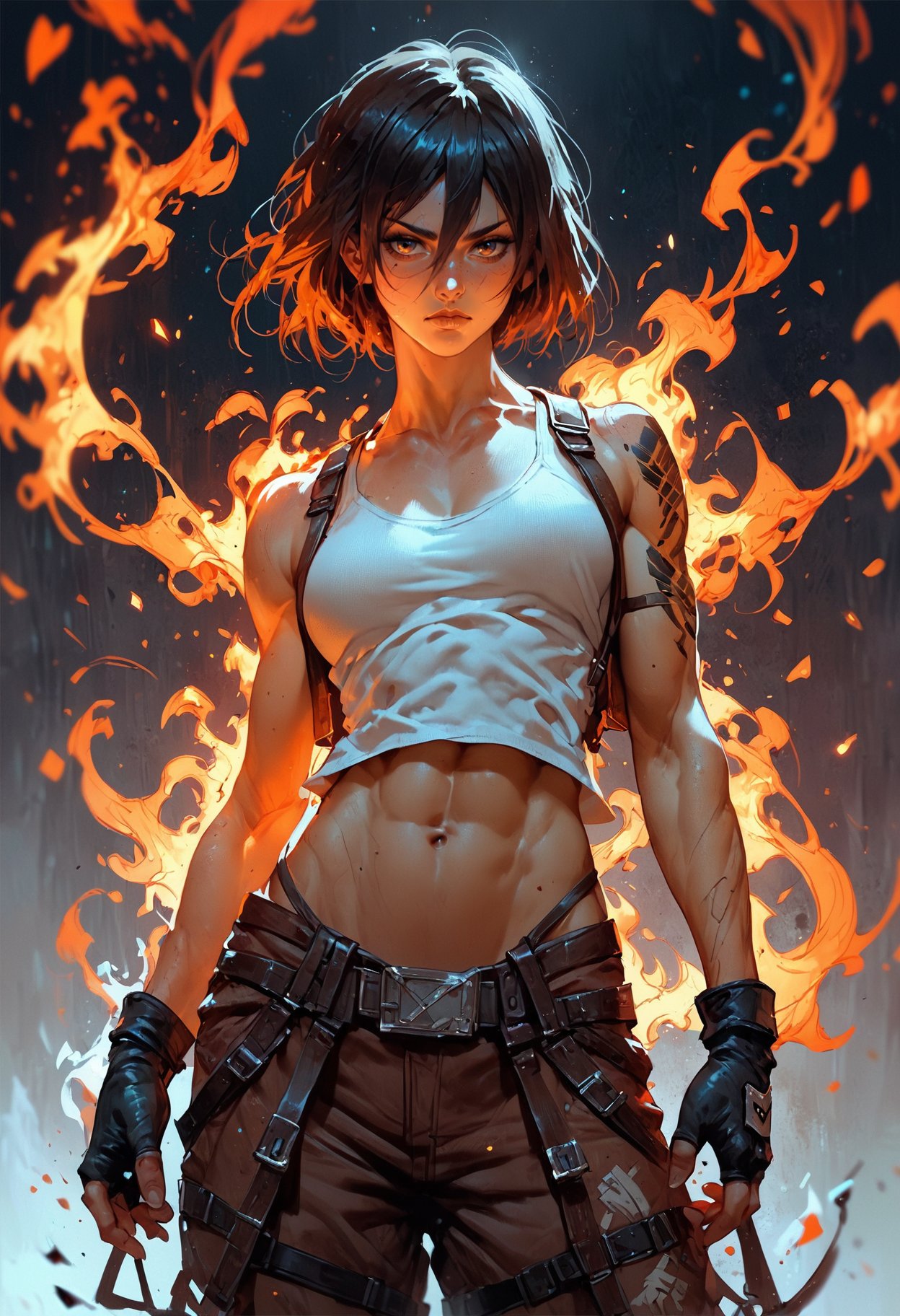 score_9, score_8_up, score_7_up, score_6_up, score_5_up, score_4_up,<lora:EpicF1reP0ny:0.8>, solo, 1girl, mikasa ackerman, tank top, baggy pants, fingerless gloves, navel, pants, fire