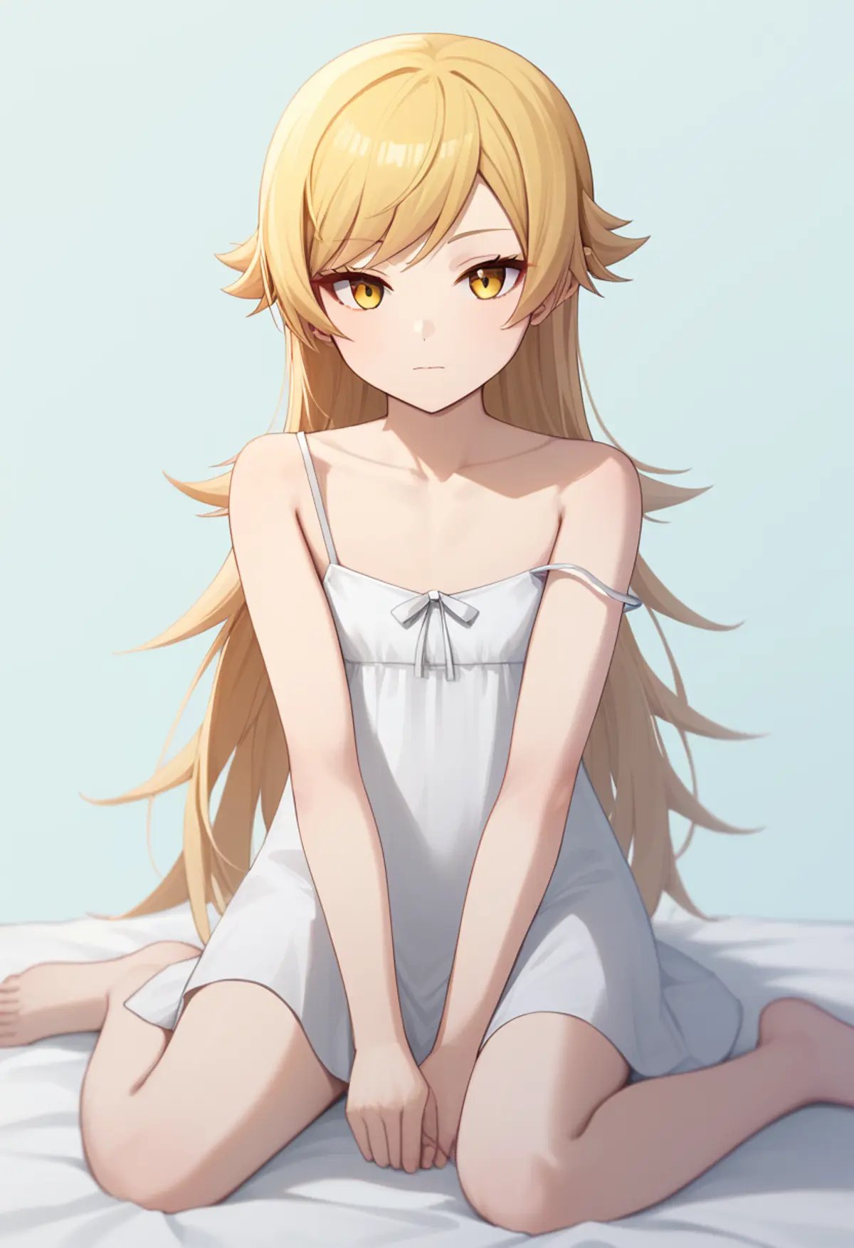 score_9,score_8_up,score_7_up,<lora:wariza_pony:1>,1girl, oshino_shinobu, solo, blonde_hair, straight_hair, very_long_hair, flat_chest, collarbone, absurdres, highres, bare_arms, closed_mouth, hand_between_legs, head_tilt, short_dress, sleeveless_dress, strap_slip, sundress, swept_bangs, wariza, white_dress, yellow_eyes