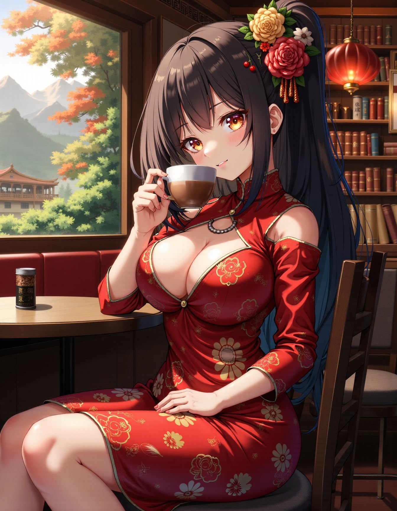 1girl holding cup in cafe,cleavage,china dress,