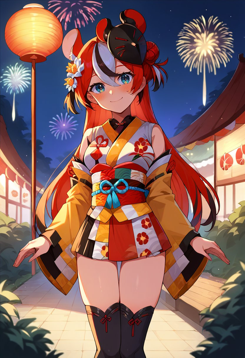 score_9, score_8_up, score_7_up, source_anime, BaelzNewYears, long hair, hair bun, hair flower, kimono, obi, mask on head, thighhighs, outdoors, night, fireworks, festival, food stalls, smile, blush, <lora:HakosBaelzPDXL-000009:1>