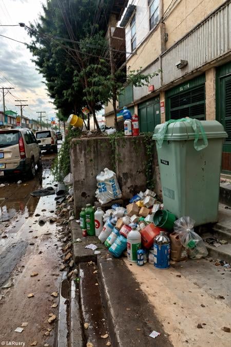 RAW photo,subject,8k uhd,dslr,soft lighting,high quality,film grain,Fujifilm XT3,,ruanyi0042,no humans,bottle,box,bucket,building,cardboard box,cup,fence,food,lamppost,paper bag,plant,plastic bag,power lines,road,rubble,ruins,soda can,street,traffic light,trash bag,tree,window,,<lora:0042 garbage city_v2:1>,<lora:detail_slider_v4:1>