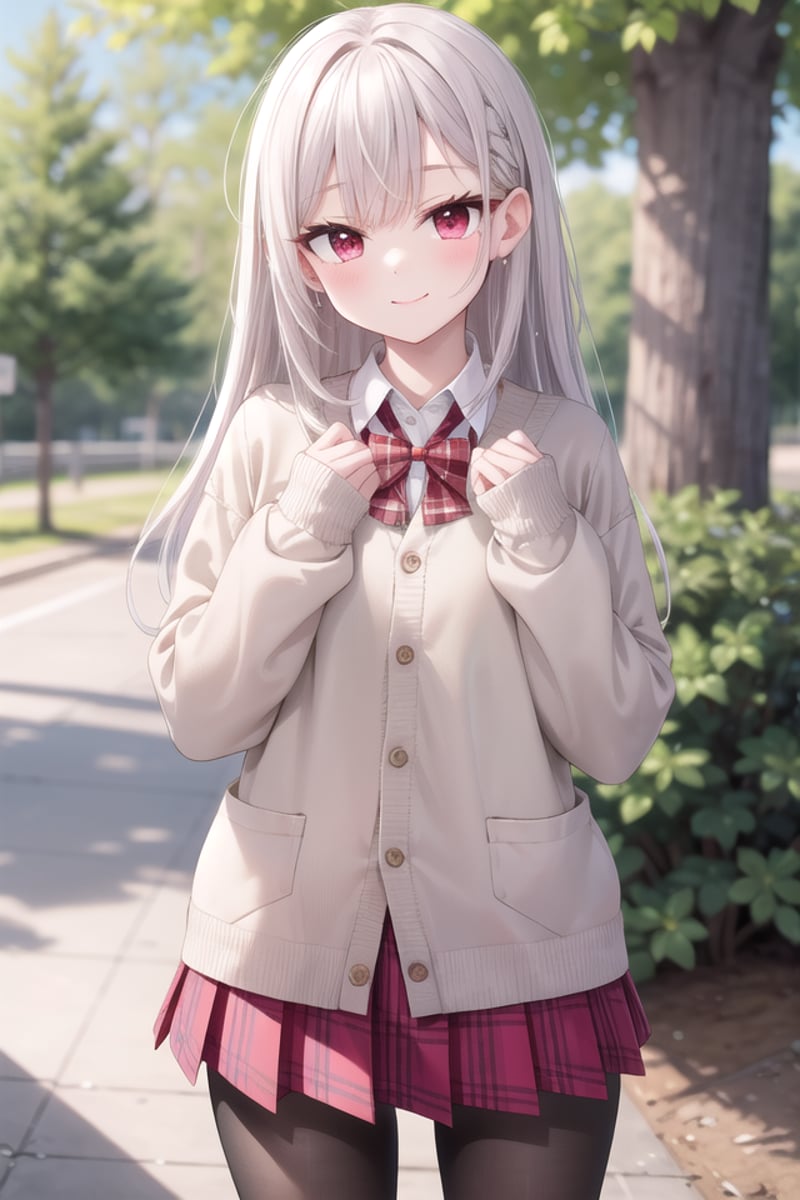 insanely detailed, absurdres, ultra-highres, ultra-detailed, best quality,1girl, solo, nice hands, perfect handsBREAK(School Uniforms:1.2), (pink cardigan is fit body:1.4), ((do up a buttons, not loose):1.5), ((long sleeve, sleeves past wrists):1.2), (inner wear is white collared-shirt:1.3), (red plaid-pattern bow:1.3), (red plaid-pattern pleated skirt:1.3), ((dark-brown pantyhose, loafers):1.2), (cleavage:-1.5)BREAKhappy smile, laugh, closed mouthBREAK(45 angle:-1.5), (from side:-1.5),standing, cowboy shot, looking at viewerBREAKslender, kawaii, perfect symmetrical face, ultra cute girl, ultra cute face, ultra detailed eyes, ultra detailed hair, ultra cute, ultra beautifulBREAKin forest, depth of field, ultra detailed backgroundBREAKmedium large breastsBREAK(grey hair, red eyes), spiked hair,