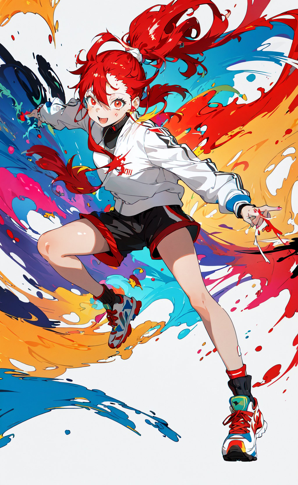 masterpiece, best quality, 1girl, red ponytail, long hair, oversized track jacket, shorts, happy, fun, paint splatter, paint, dynamic, colorful, swirl, swirling, abstract, expressive, simple background