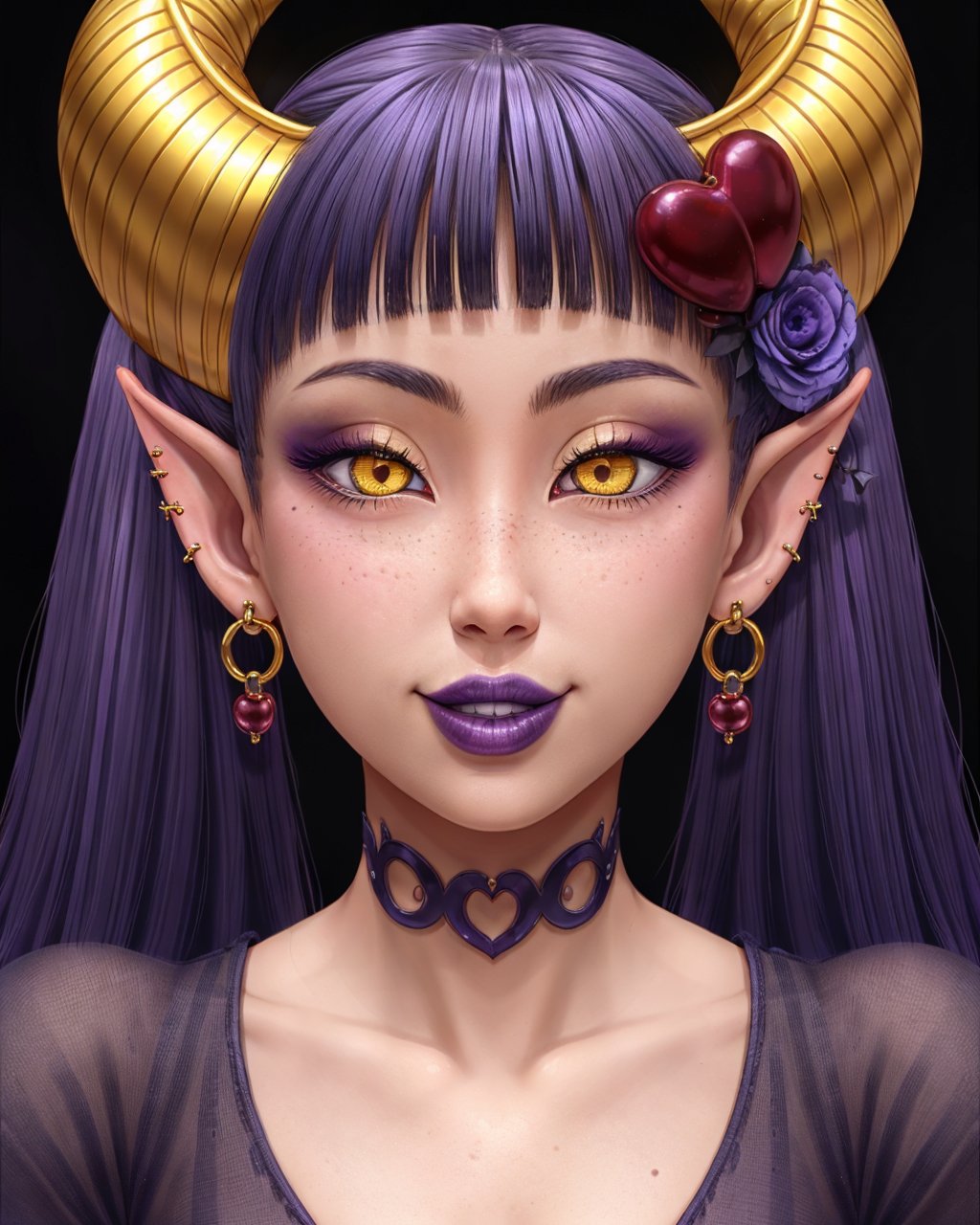 (majalis:1.2), (1girl, demonking, slit pupils, cherry hair ornament:1.1),(closeup:0.8), demon girl, earrings, eyelashes, eyeshadow, freckles, golden horns, hair ornament, smile, heart, horns, jewelry, lipstick, long hair, looking at viewer, makeup, piercing, pointy ears, purple hair, purple lips, solo, twintails, yellow eyes <lyco:majalis_style_v2:0.6>