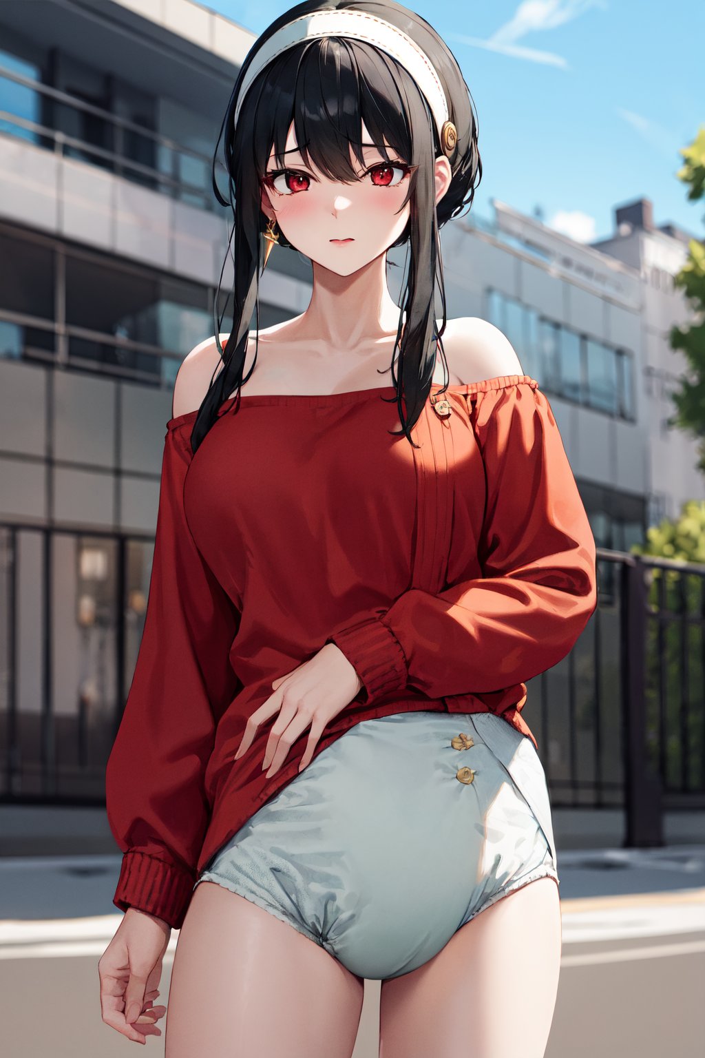 masterpiece, best quality, highres, 1girl, diaper, <lora:diaper_10:0.8>, outdoors, standing, bbyorf, short hair with long locks, white hairband, red eyes, gold earrings, large breasts, jewelry, off shoulder, red sweater, long sleeves, <lora:yor_forger_v1:0.8>,