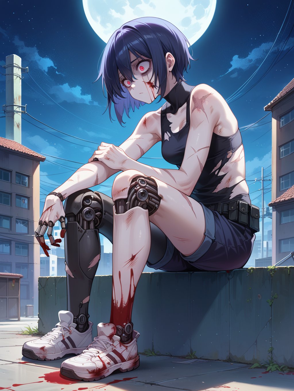 score_9, score_8_up, score_7_up,source_anime,a woman looks like a zombie sitting on the roof, 1 girl, full body, bionic skin, pale skin, dead eyes, bionic face, blank stare, scars, blood, damage, hairs, cry, finely detailed, extremely detailed CG unity 8k wallpaper, night sky with stars and moon, empty city