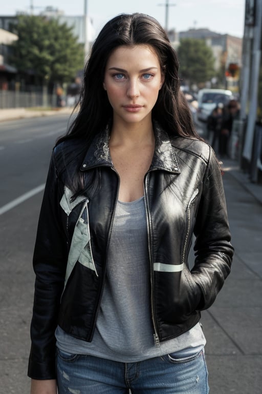 Full body photo of 1i7t713r-smf woman,rocker style clothes, black leather jacket, rock show in background,(greater details in definitions of face and eyes), clear face, clear eyes, (realistic and detailed skin textures), (extremely clear image, UHD, resembling realistic professional photographs, film grain)<lora:EMS-370825-EMS:0.900000>