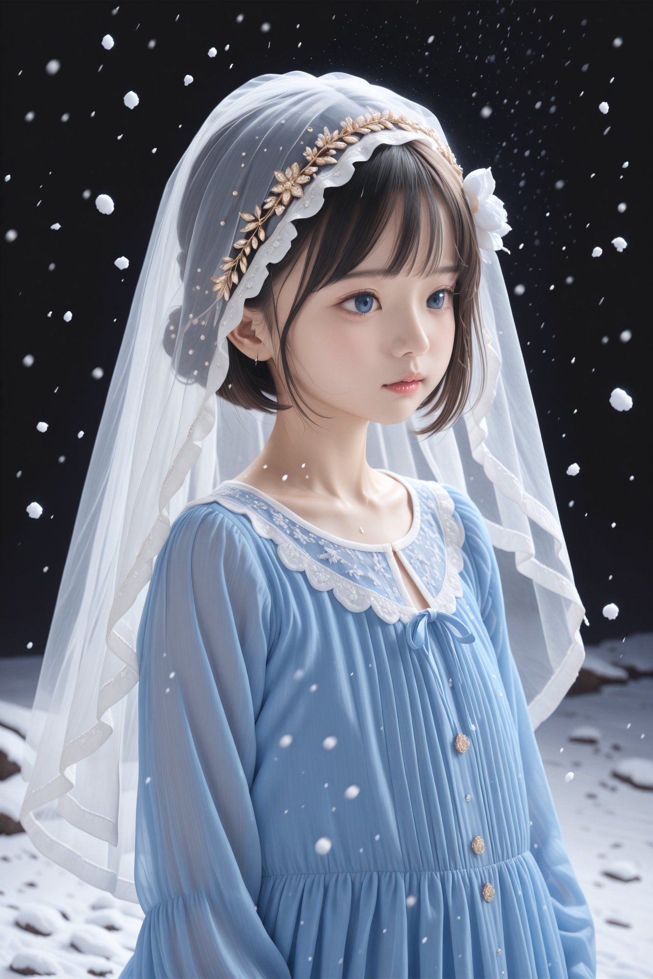 masterpiece,Realism,best quality,loli,Black background,late at night,1girl,solo,dress,veil,blue eyes,black hair,short hair,brown hair,upper body,blue dress,snow,jewelry,long sleeves,hat,snowing,