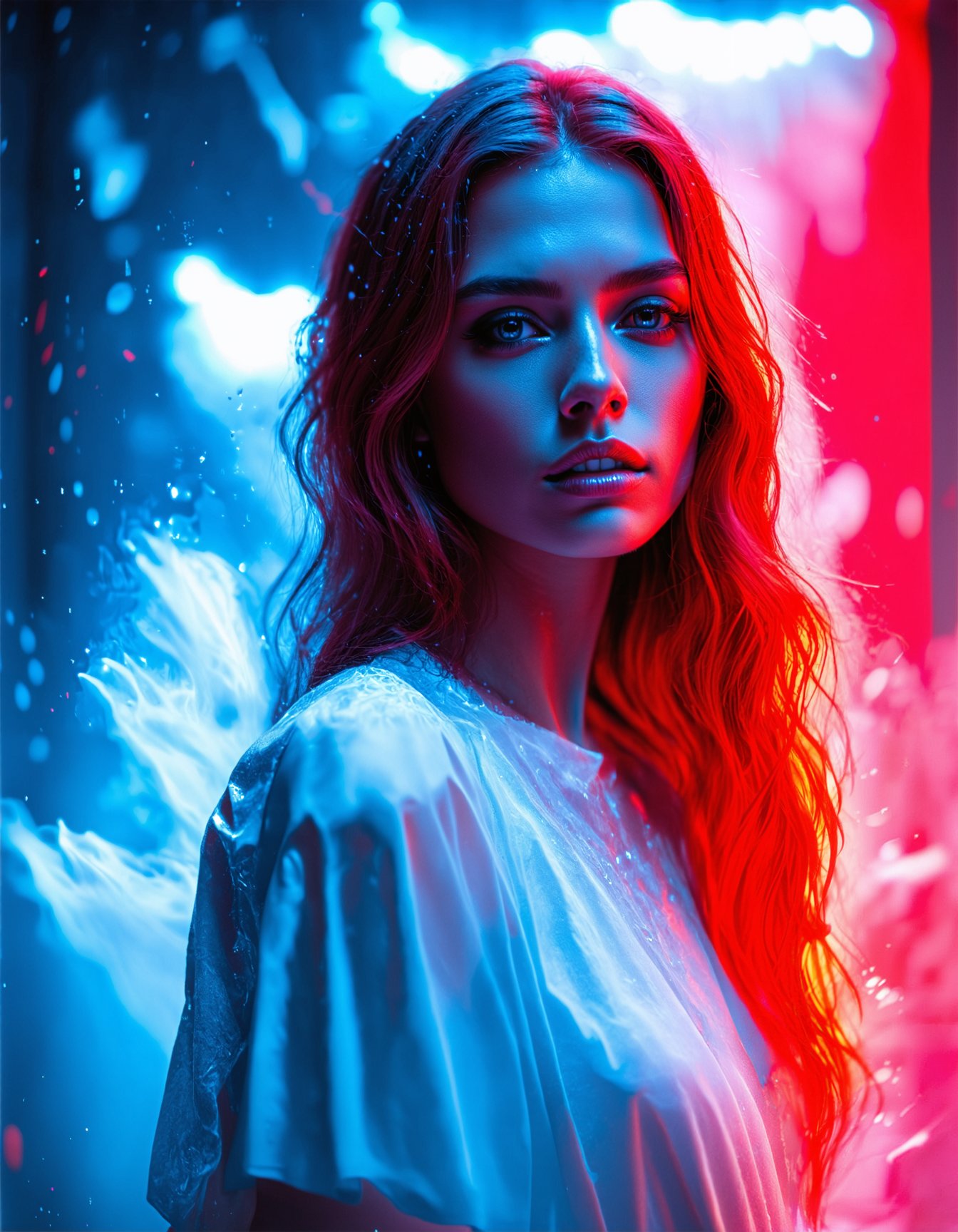 (best quality, 4K, 8K, high-resolution, masterpiece), ultra-detailed, photorealistic, young stunning woman, ethereal glow, red hues, soft lighting, melting effect, surreal atmosphere, digital art.