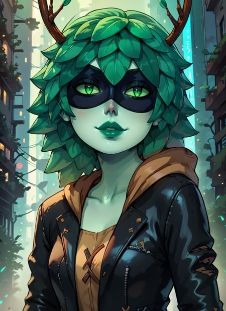 score_9, score_8_up, score_7_up, highly detailed, huntress wizard, smug, lips, black leather jacket, green skin, rating_questionable, source_anime, dark dramatic lighting, neon city, BREAK best quality, masterpiece, e621, digital_art  <lora:Huntress_Wizard_pdxl:1.0>