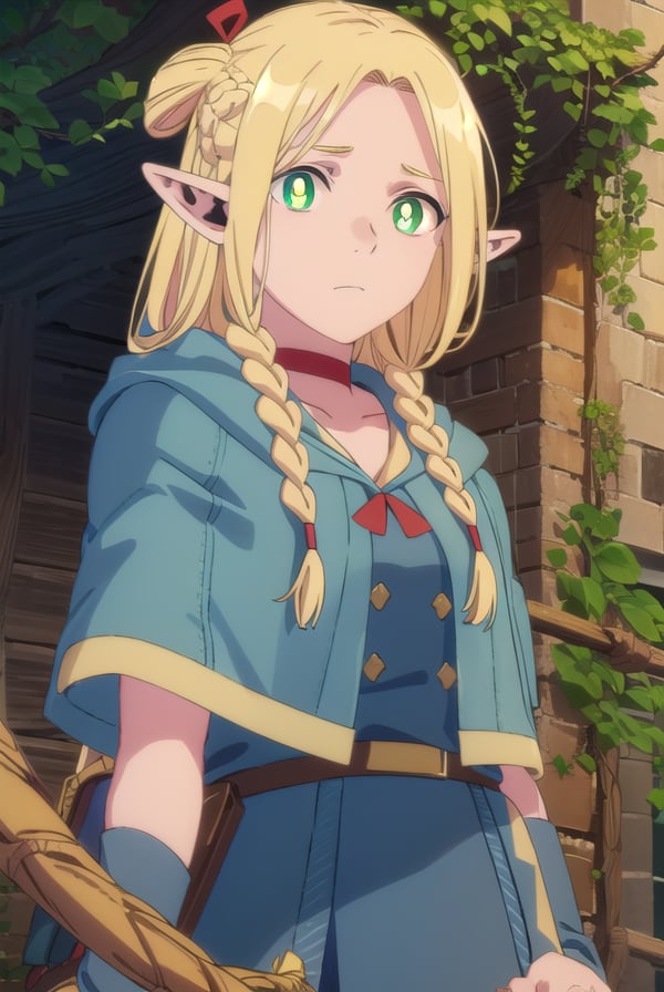 marcilledonato, <lora:marcille donato-lora-nochekaiser:1>,marcille donato, long hair, blonde hair, (green eyes:1.3), braid, pointy ears, twin braids, elf, (bright pupils:1.5), (parted bangs:1.5),BREAK choker, robe, red choker,BREAK outdoors, nature, forest, trees, grass, river, sun, sky, clouds,BREAK looking at viewer, (cowboy shot:1.5),BREAK <lyco:GoodHands-beta2:1>, (masterpiece:1.2), best quality, high resolution, unity 8k wallpaper, (illustration:0.8), (beautiful detailed eyes:1.6), extremely detailed face, perfect lighting, extremely detailed CG, (perfect hands, perfect anatomy),