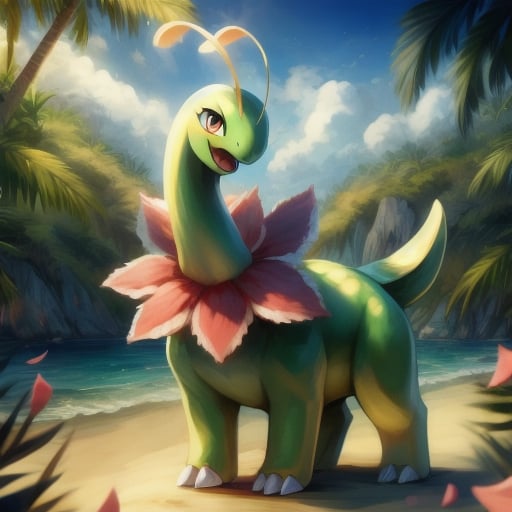 meganium,Masterpiece,high quality,4k,beautiful eyes,full body,pokemon \(creature)\,solo,no humans,beach,open mouth,happy,(green body:1.2), pink petals, yellow antenna, short tail,3 toes,Quadruped, exquisite details